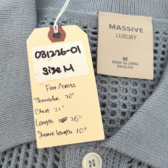 Massive Luxury Men Size M Blue Crochet Knit Button Down Shirt Polo Short Sleeve - Picture 10 of 10